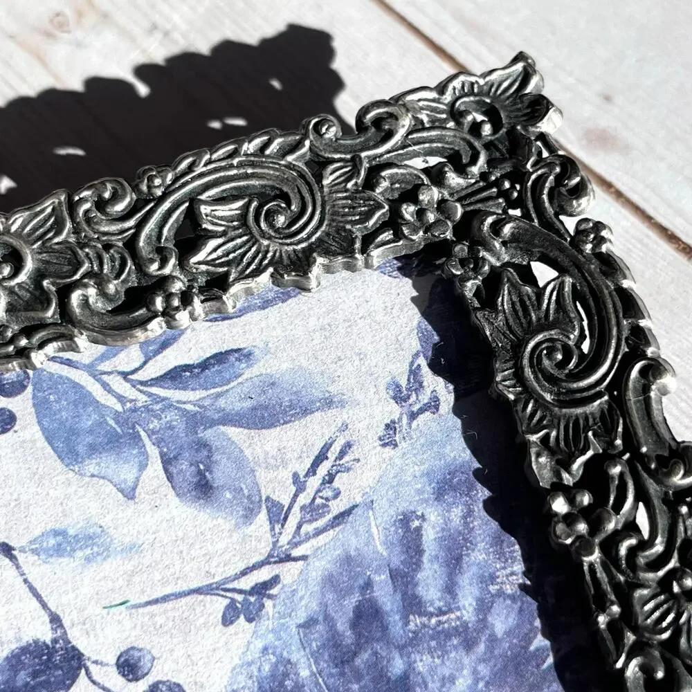 Vintage Pewter Photo Frame Floral Scrolls Ornate Baroque Style Relief Pattern 6